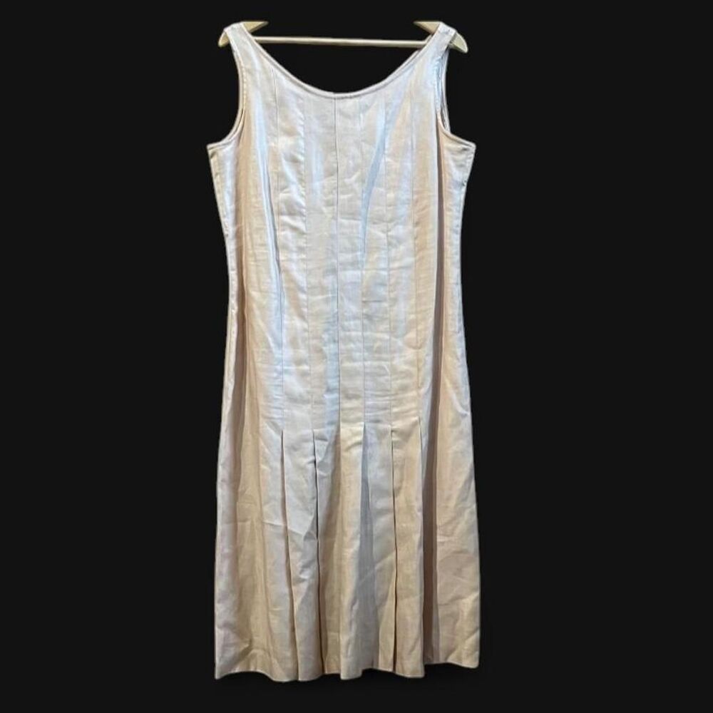Vintage “Marie St. Claire” 100% ramie,vertically pleated, drop waist, midi dress